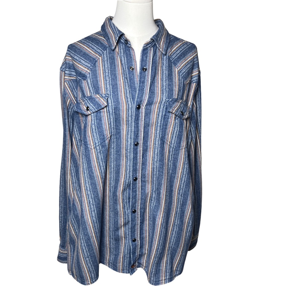 Cody James Western Pearl Snap Shirt Blue‎ Striped Cotton Men XL